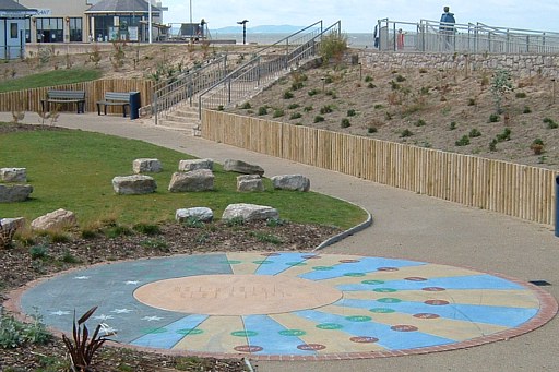 [ Colourful 'sun-ray' Human Sundial at Prestatyn, UK ]