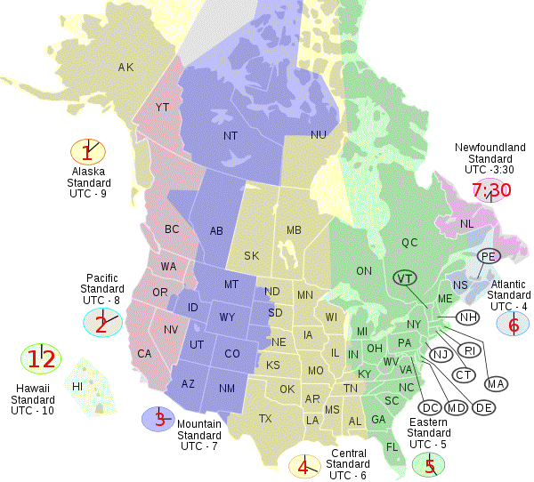 [ Diagram showing Times Zones, in the North American continent ]